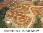 
Drone photo view of mining activities in the laterite nickel ore mining industry, Weda Island, Halmahera, Indonesia.