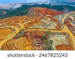 Drone photo view of mining activities in the laterite nickel ore mining industry, Weda Island, Halmahera, Indonesia.