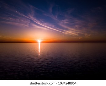 Drone Photograph Of Sunset Over Lake Erie Off Shore Of Cleveland Ohio