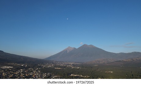 Drone Photography At Antigua Guatemala, Colonial City View, Volcan De Agua View. 