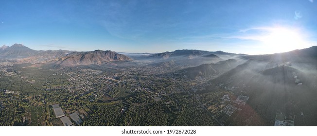 Drone Photography At Antigua Guatemala, Colonial City View, Volcan De Agua View. 