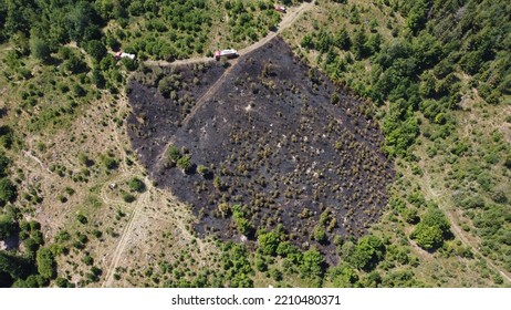 Drone Photography Of Burned Forrest After Fire With Railroad