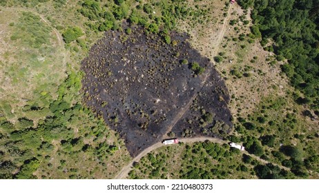 Drone Photography Of Burned Forrest After Fire With Railroad