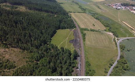 Drone Photography Of Burned Forrest After Fire With Railroad