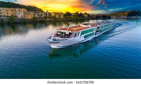 Drone Photography By A Luxury Cruise Ship Sailing On A River In Europe.