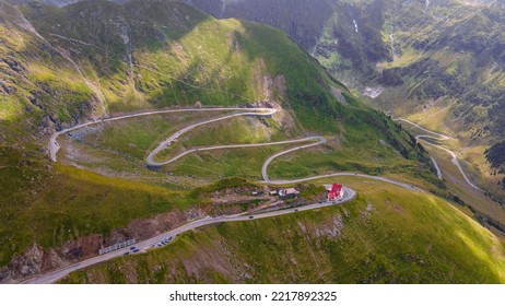 Drone Photography Of The Famous Transfagarasan Road, In Romania. Photography Was Taken From A Drone With Camera Tilted Horizontally For A Panoramic Shot Of The Curvy Road.