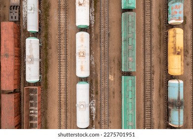 Drone photography of railway depot, cargo carriages during winter cloudy day - Shutterstock ID 2275701951