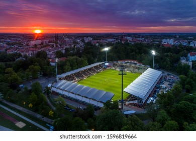 Drone Photography of the sunset over the city stadium in Legnica during the team match Miedz Legnica in Ekstraklasa  Polska.