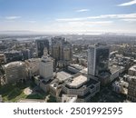 Drone photos overlooking Oakland Calfornia City Scape above Broadway Street on a beautiful summer day