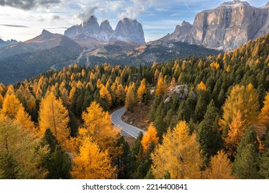 Drone Photos Of Windy Roads In The Dolomites Mountains In Italy With Colorful Fall Colors. 