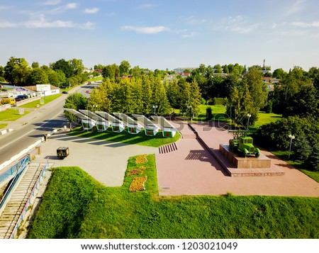 Drone point of view of Memorial Complex Katyusha in Orsha Belarus