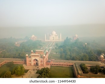 Drone point of view of Taj Mahal in Agra India under morning haze
