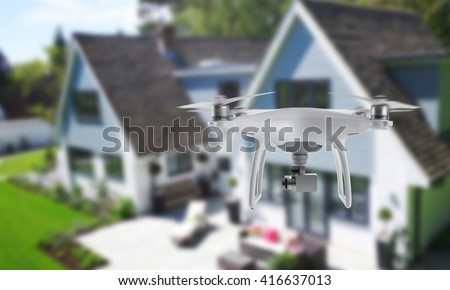 Drone quad copter with camera spying on the house and yard.