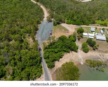 Drone Return To Home Flight Path To Landing Pad Beside A Boat Ramp Car Park And Seaside Homes