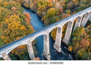 Drone shoot over Pontcysyllte Aqueduct crossing above the River Dee  at autumn in Wales, UK