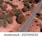 drone shot aerial view top angle panoramic photograph arid desert lonely highway asphalt road pathway trees mountainous terrain landscape wallpaper india tamilnadu red sand backdrop background spring 