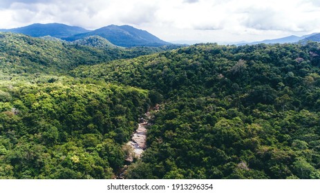 Drone shot aerial view top angle rain forest in Sumbawa, Indonesia. Lush green thick dense woods river bridge mountains bright sunny day beautiful weather valleys terrain nature streams - Powered by Shutterstock