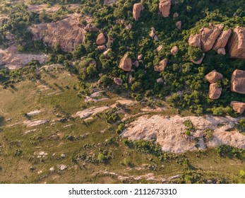 Drone Shot Aerial View Top Angle Bright Sunny Day Rocky Mountain Hill Valleys Forest Green Trees Plants Hillocks Tourism India Tamilnadu Madurai Dense Jungle Foliage 