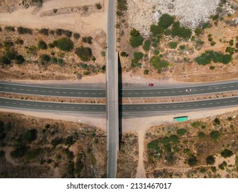 Drone Shot Aerial View Top Angle Bright Sunny Day Beautiful Photo National Highway Road Bridge Straight Pathway Wallpaper Background Green Trees Bushes 