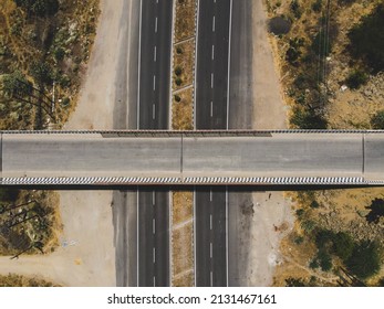 Drone Shot Aerial View Top Angle Bright Sunny Day Beautiful Photo National Highway Road Bridge Straight Pathway Wallpaper Background Green Trees Bushes 