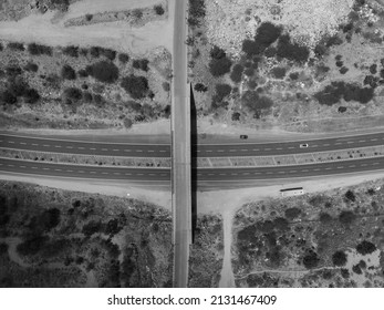 Drone Shot Aerial View Top Angle Bright Sunny Day Beautiful Photo National Highway Road Bridge Straight Pathway Wallpaper Background Green Trees Bushes 