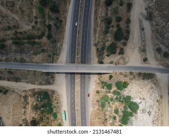 Drone Shot Aerial View Top Angle Bright Sunny Day Beautiful Photo National Highway Road Bridge Straight Pathway Wallpaper Background Green Trees Bushes 