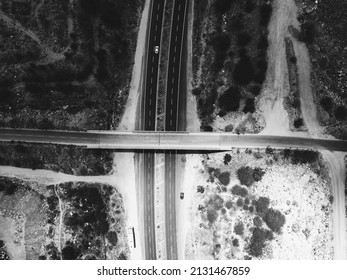 Drone Shot Aerial View Top Angle Bright Sunny Day Beautiful Photo National Highway Road Bridge Straight Pathway Wallpaper Background Green Trees Bushes 