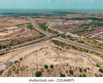 Drone Shot Aerial View Top Angle Bright Sunny Day Beautiful Photo National Highway Road Bridge Straight Pathway Wallpaper Background Green Trees Bushes 