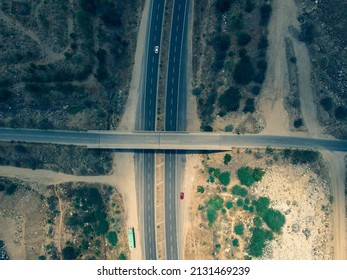 Drone Shot Aerial View Top Angle Bright Sunny Day Beautiful Photo National Highway Road Bridge Straight Pathway Wallpaper Background Green Trees Bushes 