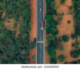 Drone Shot Aerial View Top Angle Bright Sunny Day Beautiful Photo National Highway Road Bridge Straight Pathway Wallpaper Background Green Trees Bushes 