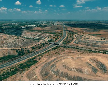 Drone Shot Aerial View Top Angle Bright Sunny Day Beautiful Photo National Highway Road Bridge Straight Pathway Wallpaper Background Green Trees Bushes 