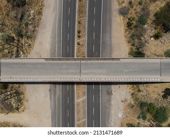 Drone Shot Aerial View Top Angle Bright Sunny Day Beautiful Photo National Highway Road Bridge Straight Pathway Wallpaper Background Green Trees Bushes 