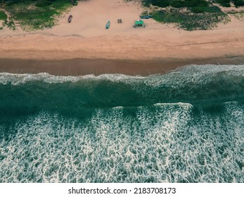 Drone Shot Aerial View Top Angle Seascape Waves Beach Turquoise Blue Water Ocean Sea Tourist Place Sunbathing White Sand Wallpaper Background Coastal Town India Tamilnadu Pondicherry 