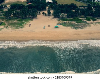 Drone Shot Aerial View Top Angle Seascape Waves Beach Turquoise Blue Water Ocean Sea Tourist Place Sunbathing White Sand Wallpaper Background Coastal Town India Tamilnadu Pondicherry 