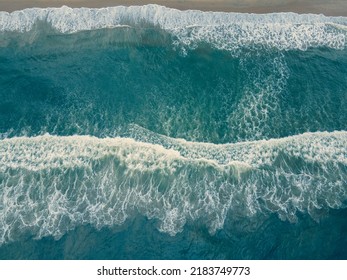 Drone Shot Aerial View Top Angle Seascape Waves Beach Turquoise Blue Water Ocean Sea Tourist Place Sunbathing White Sand Wallpaper Background Coastal Town India Tamilnadu Pondicherry 