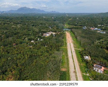 Drone Shot Aerial View Top Angle Mountain Range Hill Valley Forest Natural Scenery Wallpaper Background India Tamilnadu Tourism Highway Ghat Road Coconut Trees Fertile Lands 