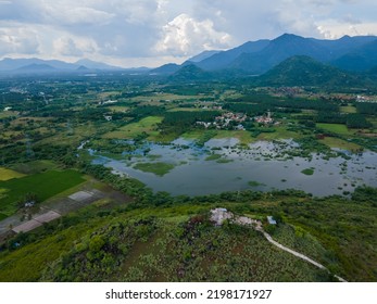 Drone Shot Aerial View Top Angle Hilltop Mountain Green Forest Hindu Temple Pathway Uphill Natural Scenery Wallpaper Background India Tamilnadu Tourism Rugged Terrain 