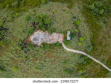 Drone Shot Aerial View Top Angle Hilltop Mountain Green Forest Hindu Temple Pathway Uphill Natural Scenery Wallpaper Background India Tamilnadu Tourism Rugged Terrain 