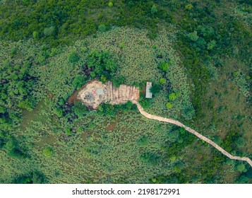 Drone Shot Aerial View Top Angle Hilltop Mountain Green Forest Hindu Temple Pathway Uphill Natural Scenery Wallpaper Background India Tamilnadu Tourism Rugged Terrain 