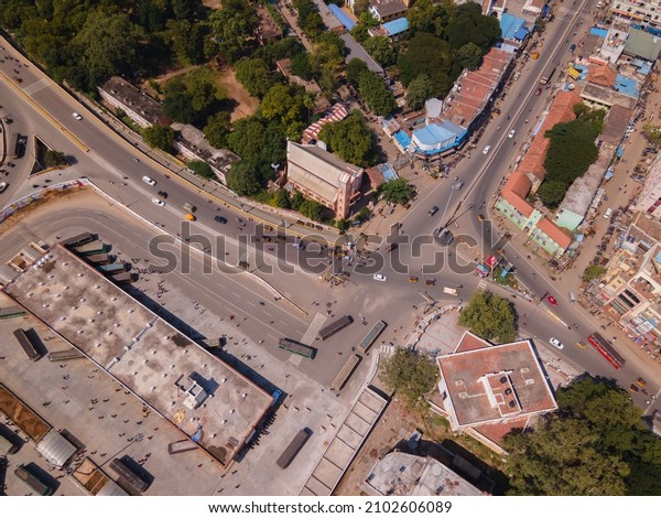 drone shot aerial\
view top angle photo of bridges highway traffic modern cityscape\
developed country beautiful roads tracks busy metropolitan india\
tamilnadu madurai 