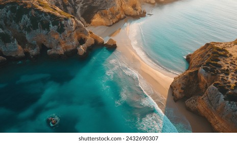 A drone shot of algarve coast in portugal, Picturesque Algarve Beach Panorama, Panoramic view of a stunning Algarve beach with golden cliffs and turquoise waters - Powered by Shutterstock