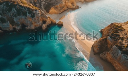 A drone shot of algarve coast in portugal, Picturesque Algarve Beach Panorama, Panoramic view of a stunning Algarve beach with golden cliffs and turquoise waters