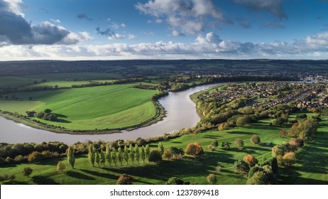 Drone shot of Bristol countryside, the River Severn wending its way through