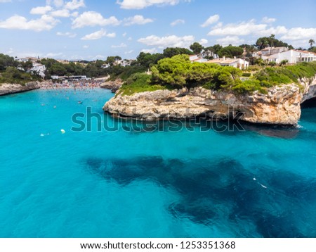 Drone shot, coast with villas and natural harbor, Porto Cristo Novo, Cala Mendia, Mallorca, Balearic Islands, Spain