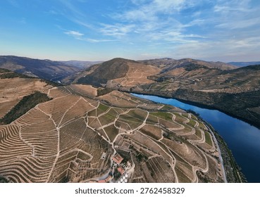 Drone shot of the Douro River bordered by terraced vineyards in Portugal, revealing intricate agricultural design and scenic countryside terrain.