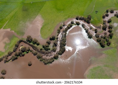 Drone Shot Of Farming Landscape On A Ranch In Australia, Of A Flooding River.