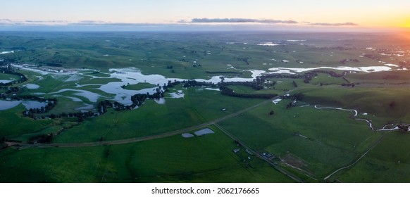 Drone Shot Of Farming Landscape On A Ranch In Australia, Of A Flooding River.