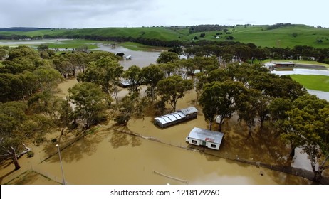 Drone Shot Of Flooding Of A Rural Town In Victoria, Australia.