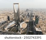 Drone shot flying. Saudi Arabia. Riyadh. Kingdom tower. Sunrise.