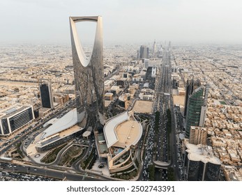 Drone shot flying. Saudi Arabia. Riyadh. Kingdom tower. Sunrise. - Powered by Shutterstock